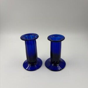 Mexican Blown Glass Cobalt Blue Candle Holders Set of 2